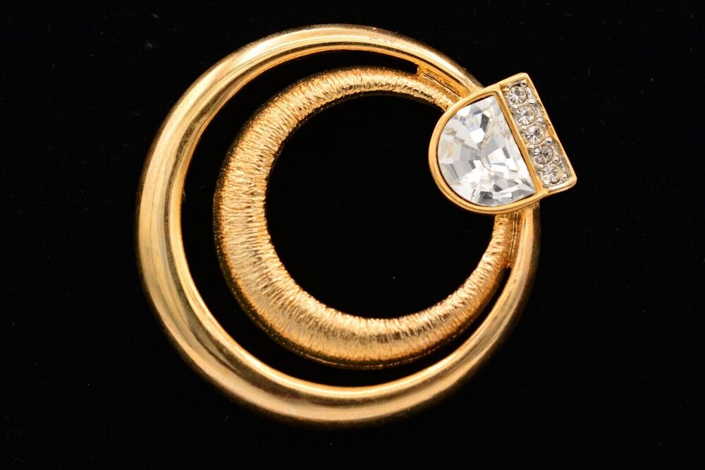 Craft Vintage Pin Brooch Rhinestone Crystal Gold Chunky Signed 1980s BinAT